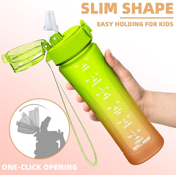 15oz Kids Sports Water Bottles for School with Straw Lid (Green Orange)