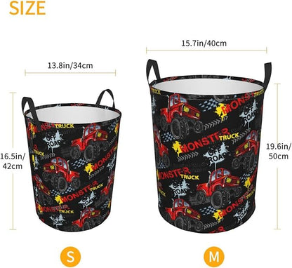 Cute Monster Trucks Cars Round Laundry Hamper Storage Basket Toys Clothes Organizer Bin For Home Bathroom Bedroom Dorm Nursery, 38l