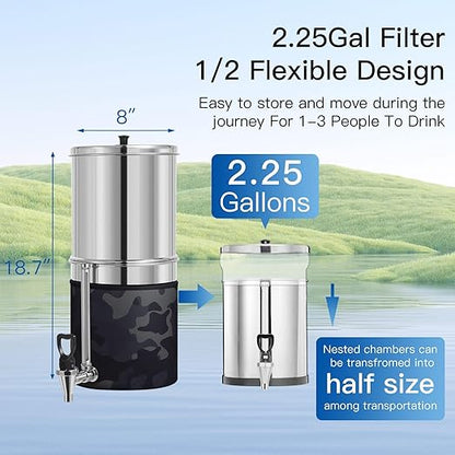 2.25G Gravity Water Filter System, 304 Stainless Steel Countertop System with 2 Ceramic Filters and Stainless Steel Spigot, Reduce Chlorine, for Home, Camping, RVing, Off-Grid, Emergencies