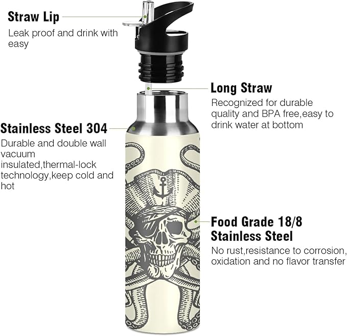 xigua 22 OZ Octopus Pirate Water Bottle with Straw, Sports Water Bottle BPA Free Stainless Steel Water Jugs for Gym, Kitchen, Working, Outdoor