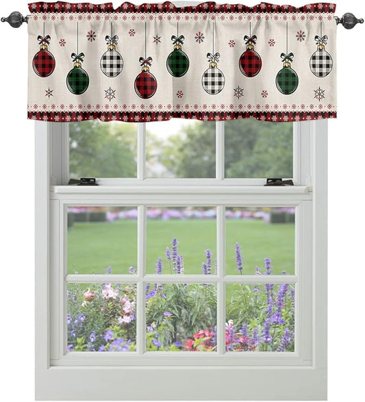 Vandarllin Christmas Kitchen Curtains Valances for Windows Vintage Buffalo Plaid Christmas Balls Rod Pocket Window Treatment for Kitchen/Living Room/Bedroom/Bathroom,60" X 18" -1 Panel, Farmhouse