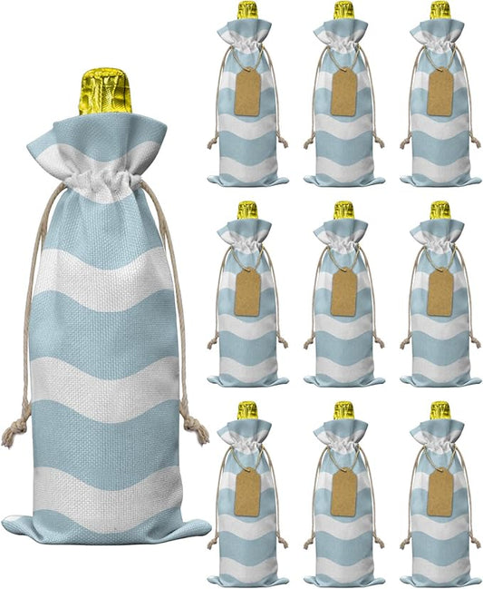 10 Pack Wine Bottle Bags, Blue Ripple Wine Bottle Cover with Drawstring, Simple Blue White Waves Aesthetics Gift Bag for Champagne Wedding Birthday Party