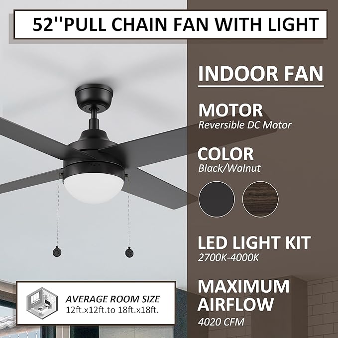 52 Inch Black Pull Chain Ceiling Fan with 2 in 1 Reversible Blade, 3-color LED Light, 5 Speeds Quiet Reversible DC Motor, 4 Plywood Blades Modern Ceiling Fan for Living Room, Bedroom, Kitchen