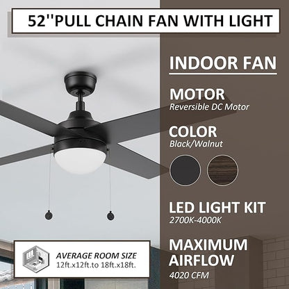 52 Inch Black Pull Chain Ceiling Fan with 2 in 1 Reversible Blade, 3-color LED Light, 5 Speeds Quiet Reversible DC Motor, 4 Plywood Blades Modern Ceiling Fan for Living Room, Bedroom, Kitchen