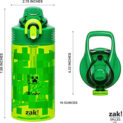 Zak Designs Sage Minecraft Kids Water Bottle For School or Travel, 16oz Durable Plastic Water Bottle With Straw, Handle, and Leak-Proof, Pop-Up Spout Cover (Creeper)