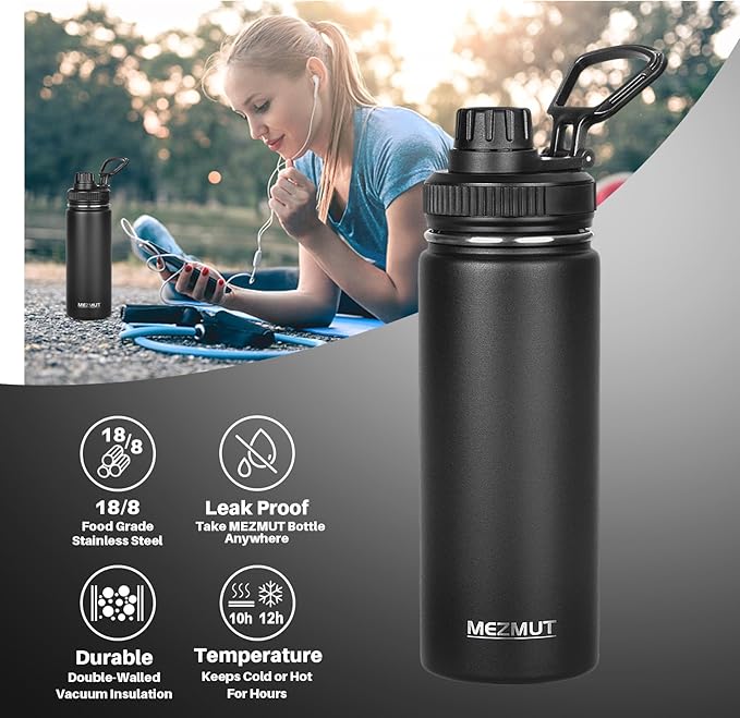 18oz Insulated Water Bottle with Straw&3 Lids Stainless Steel Water Bottles Kids Sports Metal Thermos Water Bottle Cup for School Vacuum Insulated Bottles Leak-Proof Travel Thermal (Black)