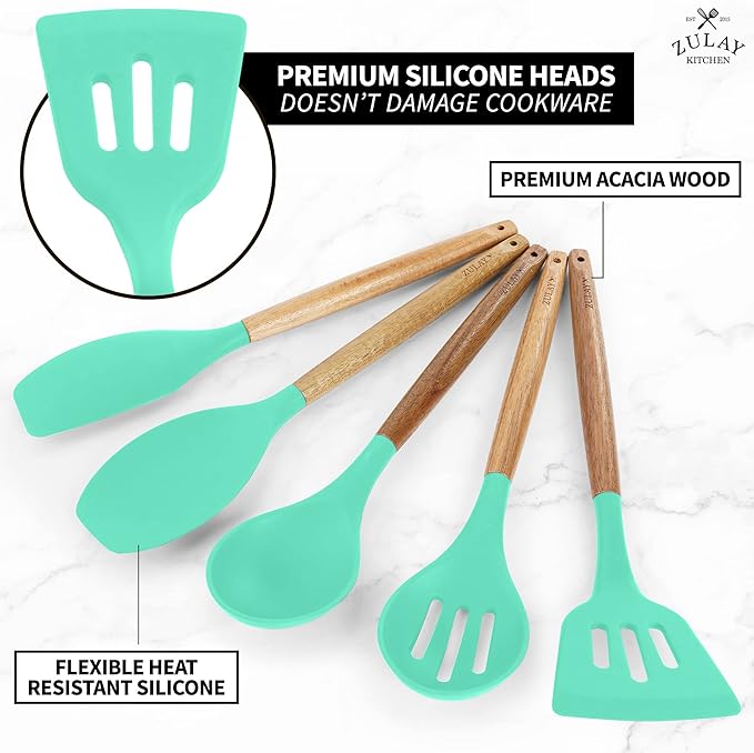 Zulay Kitchen Utensils Set - Non-Stick Silicone Cooking Utensils Set with Authentic Acacia Wood Handles - 5 Piece Silicone Utensil Set - Silicone Kitchen Utensils Set (Mint)