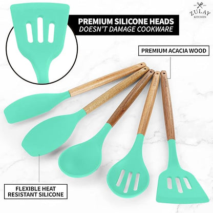 Zulay Kitchen Utensils Set - Non-Stick Silicone Cooking Utensils Set with Authentic Acacia Wood Handles - 5 Piece Silicone Utensil Set - Silicone Kitchen Utensils Set (Mint)