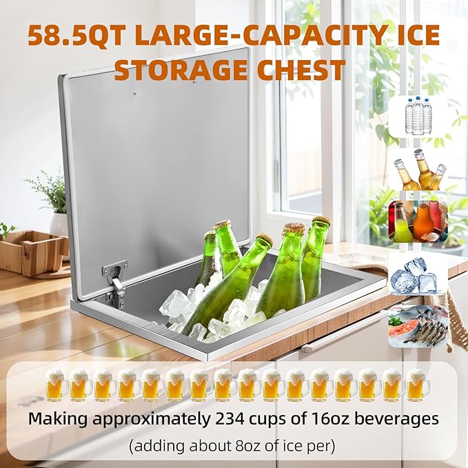 Upgraded Drop in Ice Chest, Stainless Steel Ice Cooler, Commercial Ice Bin with Cover, Outdoor Kitchen Ice Bar, Drain-Pipe and Drain Plug Included, for Cold Wine Beer