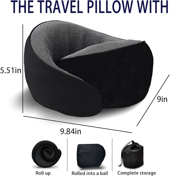 Travel Pillow-Neck Pillow Airplane-100% Memory Foam 360° Full Surrounding Travel Neck Pillow U-Shaped Pillow,Neck Pillow for Sleeping Travel with Eye Masks,Earplugs for Home, Airplanes and Car,Black