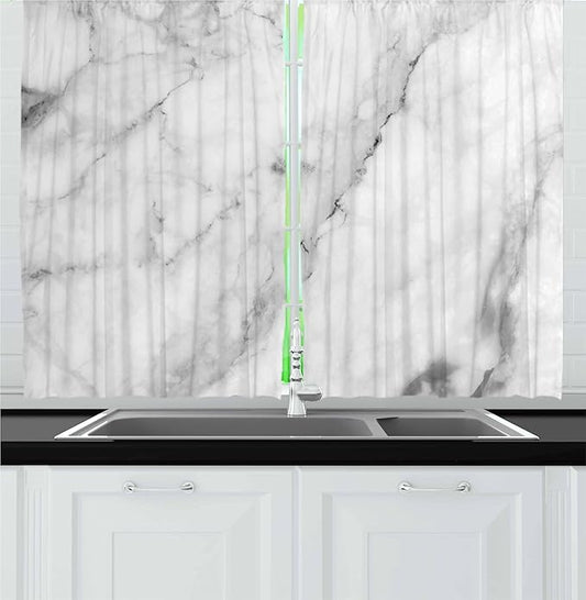 Ambesonne Marble Kitchen Curtains, Granite Surface Motif Sketch Nature Effect and Cracks Antique Style Image, Window Drapes 2 Panel Set for Kitchen Cafe Decor, 55" x 36", Dust White