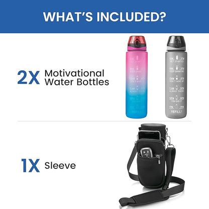 2 PACK: 32 Oz Water Bottle with Time Marker - Motivational Gym Water Bottle with Strap & Holder for Everyday Use | Water Bottles with Times to Drink | Big Water Bottle with Straw, Leak Proof & Durable