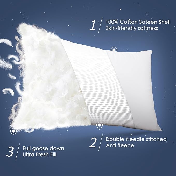 100% Canadian White Down Pillow - Luxury Sleeping Pillow for Back, Stomach & Side Sleepers - 800 Fill Power Bed Pillow (King-Soft)