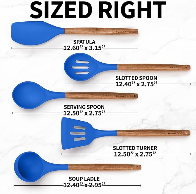 Zulay Kitchen Utensils Set - Non-Stick Silicone Cooking Utensils Set with Authentic Acacia Wood Handles - 5 Piece Silicone Utensil Set - Silicone Kitchen Utensils Set (Dark Blue)