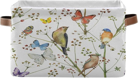 Watercolor Bird Butterfly Storage Basket Bin for Shelves Closet Vintage Foldable Fabric Storage Box Cube with Handles Kids Gifts Toys Cloth Shelf Basket Organizer for Bedroom Nursery Home Decor