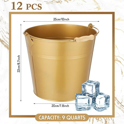 12 Pcs Large Galvanized Metal Buckets with Handle 10 Inch Heavy Duty Stainless Steel Pails Round Pail for Party Wedding, Crafts, Utensils, Table Centerpieces (Gold)