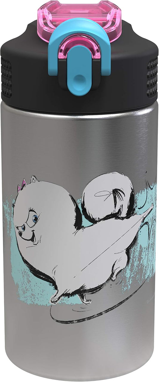 Zak Designs The Secret Life of Pets 2 - Stainless Steel Water Bottle with One Hand Operation Action Lid and Built-in Carrying Loop, Water Bottle with Straw is Perfect for Kids(15.5 oz, 18/8,BPA-Free)