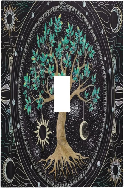 Tree of Life Blackground 1 Gang Light Switch Cover Decorative Hippie Sun Moon Star Single Toggle Wall Plate Switchcovers Electrical Switchplate Home Decor for Bathroom Living Room Bedroom Decorate