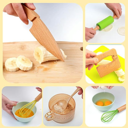 Wooden Kids Safe Knife and Kids Baking Set for Real Cooking, 10 PCS Toddler Montessori Kitchen Tools, Cooking and Baking for Kids Little Chefs Montessori Kitchen Tools for Toddlers-Kids Cooking Sets