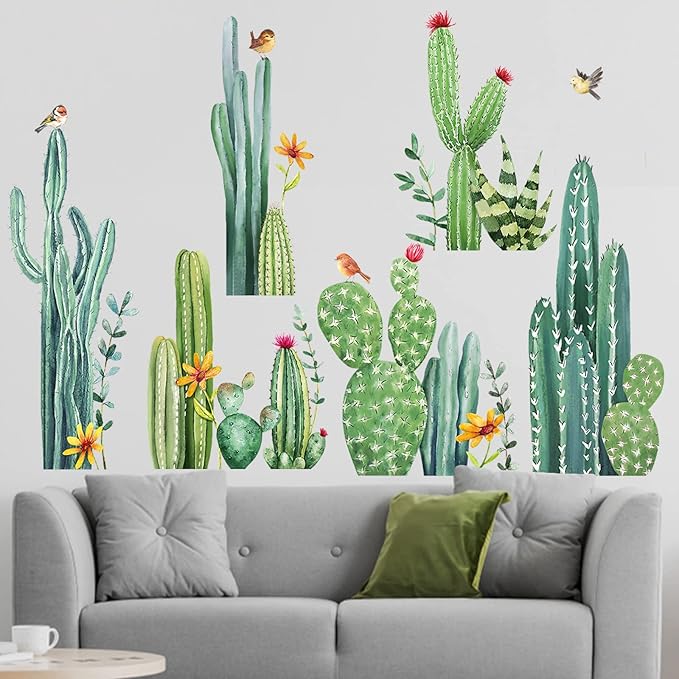 Mfault Cactus Wall Decals Stickers, Tropical Green Plants Cacti Living Room Decorations Bedroom Art, Botanical Home Kitchen Decor