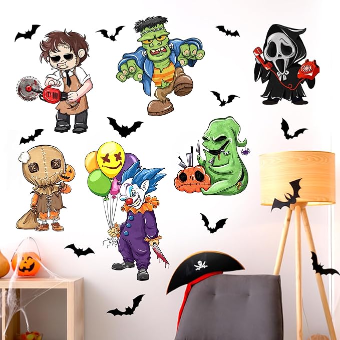 Mfault Halloween Horror Classic Movie Wall Decals Stickers, Scary Grim Reaper Sam F.Ran-kens tein Decorations Bedroom Art, Joker Green Monster Bat Home Kitchen Living Room Decor