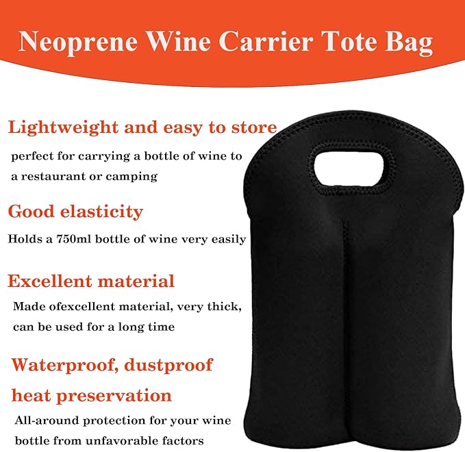 2 Bottle Wine Carrier Tote Bag for 750ML Wine Bottles, Neoprene Wine Bottle Travel Protector Bags, Reusable Insulated Wine Bag Tote Gift Bags, Black