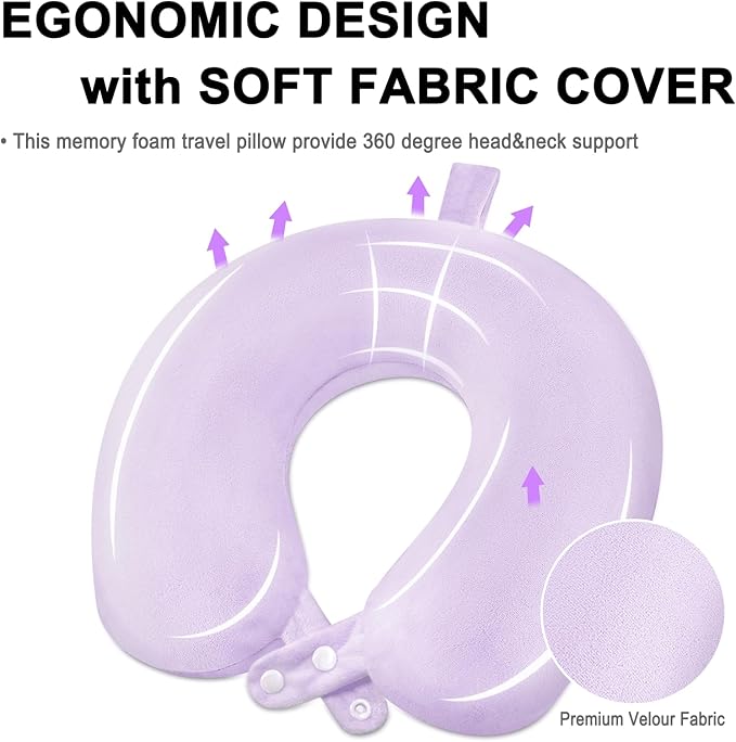 Travel Neck Pillow Airplane, Soft Memory Foam Support Head Neck Chin, with Removale Cover and Adjustable Snap Button, Comfortable Sleeping in Plane Car Train Traveling Office Home, Purple