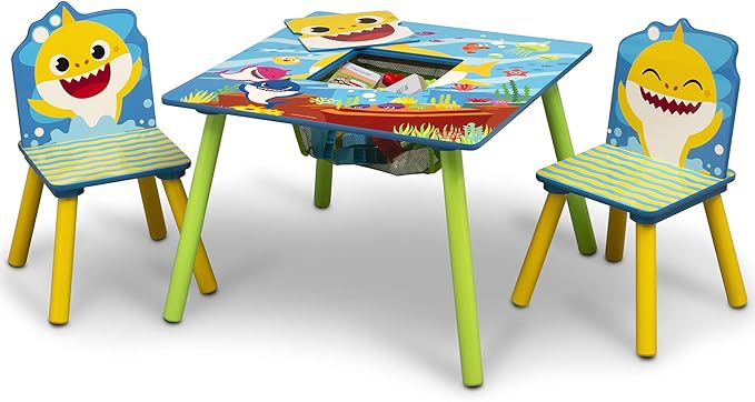 Delta Children Kids Table Storage (2 Chairs Included) -Ideal for Arts & Crafts, Snack Time, Homeschooling, Homework & More, Baby Shark, 3 Piece Set