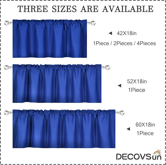 4 Panels Royal Blue Valance for Windows 42x18 Inch Solid Thermal Insulated Blackout Rod Pocket Kitchen Short Curtain Toppers Valance for Bathroom Living Room