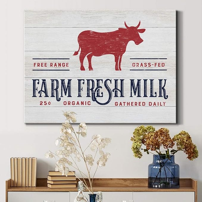 Renditions Gallery Canvas Animal Wall Art Home Paintings & Prints Organic Farm Fresh Milk Abstract Red & White Modern Cow Artwork Decorations for Bedroom Office Kitchen - 32"x48" LT33