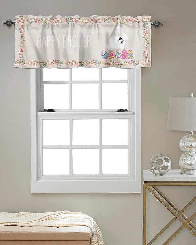 Easter Day Valances Kitchen Curtains for Windows,Easter Rabbit Bunny Eggs Rod Pocket Valances Blue Pink Spring Floral Rustic Home Decoration Short Curtains for Bedroom/Living Room,54" X 18" -1 Panel