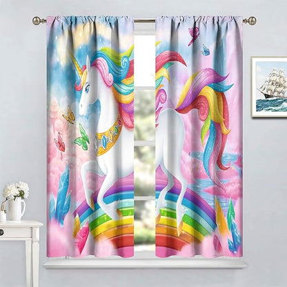 Unicorn Curtains Pink Kids Cartoon Room Darkening Decor Curtains Boys Girls Baby Room Decor Curtains Living Room Kitchen Decor 55x63 Inch 2 Panels