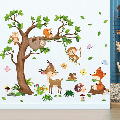 AM AMAONM Removable Jungle Animals Fox Deer Elephant Birds Lion Wall Decals DIY Tree and Leaves Wall Sticker Peel and Stick Home Wall Art Decor for Kids Baby Boys Nursery Bedroom Classroom (39153)