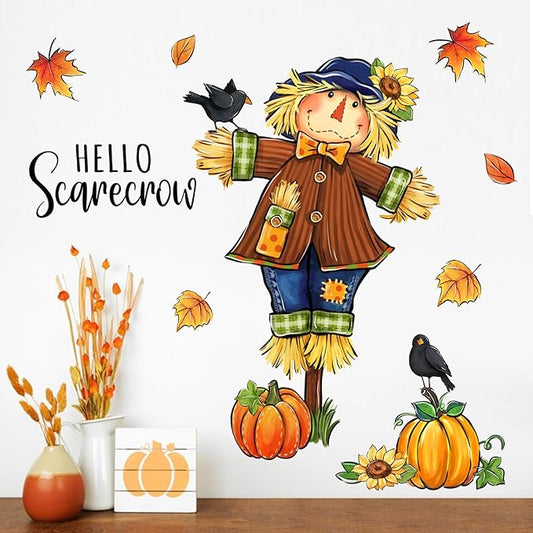 Mfault Fall Hello Scarecrow Wall Decals Stickers, Autumn Pumpkin Maple Leaves Farmhouse Decorations Bedroom Art, Thanksgiving Crow Sunflower Seasonal Home Kitchen Decor