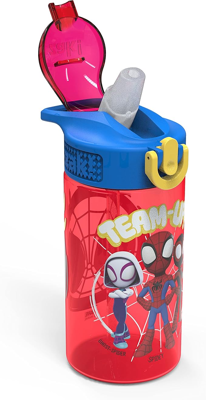 Zak Designs Marvel Spider-Man Kids Water Bottle with Spout Cover and Carrying Loop, Durable Plastic, Leak-Proof Design for Travel (16 oz, 2-Pack, Spidey and His Amazing Friends)