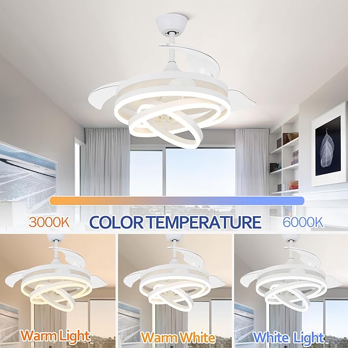 42" Retractable Ceiling Fan with Lights & Remote - Silent DC Motor Modern Ceiling Fan - 6 Speed LED Fan for Bedroom Living Room Kitchen