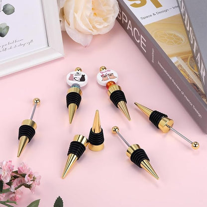 18 Sets Gold Beadable Wine Stoppers Silicone Wine Stoppers Reusable Alloy Wine Stoppers for DIY Drink Gifts Holiday Party Wedding Bar Accessories(Golden)