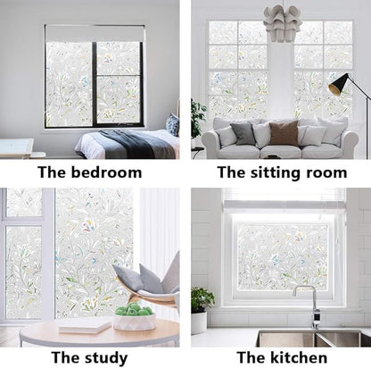 Window Privacy Film Non-Adhesive Flower Patten Window Sticker 3D Tulip Static Cling Glass Window Film Rainbow Window Film for Home Kitchen Office UV Blocking (White, 17.5" x 78.7")