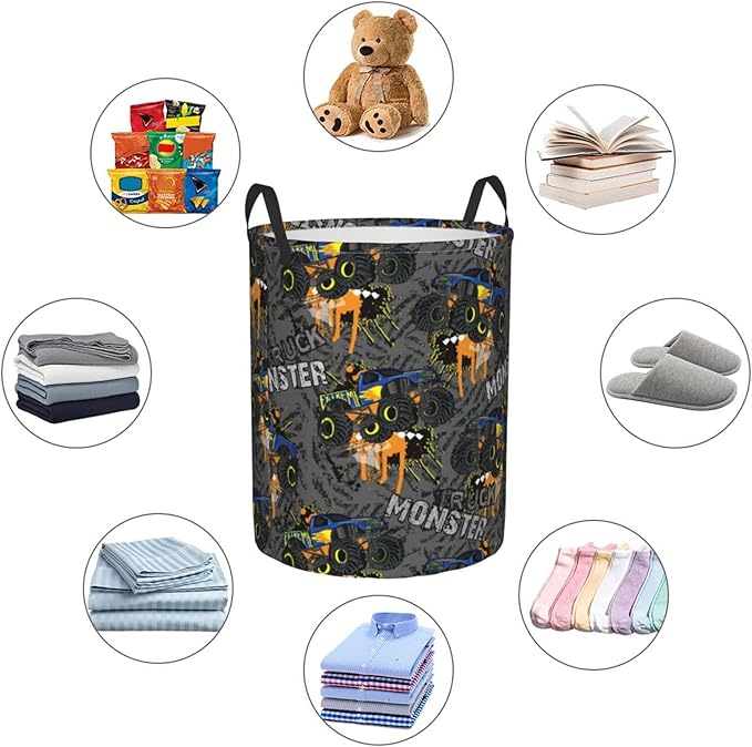 Monster Trucks Car Pattern Round Laundry Hamper Storage Basket Toys Clothes Organizer Bin For Home Bathroom Bedroom Dorm Nursery, 62l