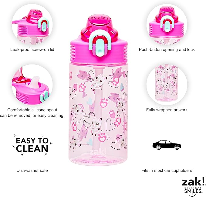 Zak Designs Sage DreamWorks Gabby's Dollhouse Kids Water Bottle For School or Travel, 16oz Durable Plastic Water Bottle With Straw, Handle, and Leak-Proof, Pop-Up Spout Cover (Pandy Paws)