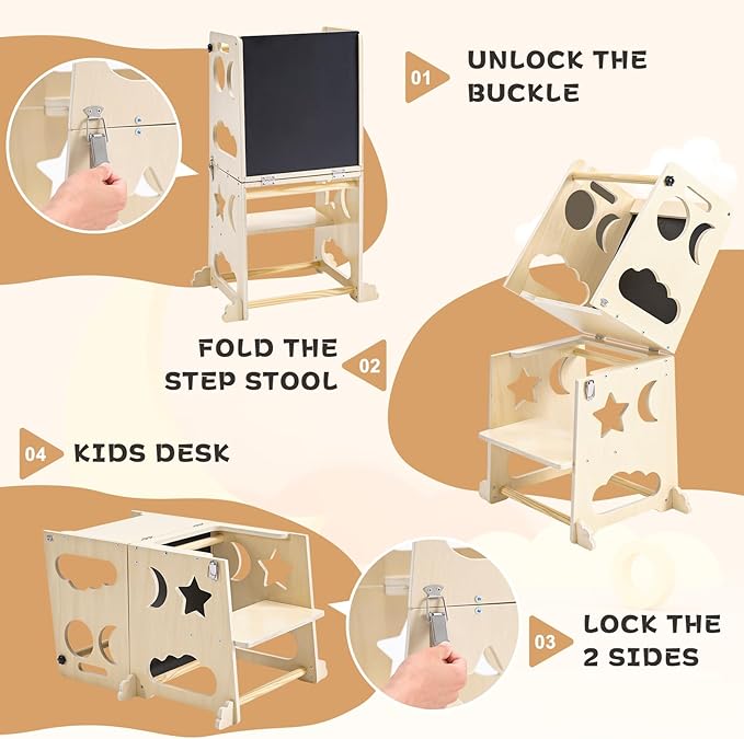 Toddler Step Stool Kitchen Stool Helper, 3 in 1 Toddler Standing Tower Collapsible Kids Step Stool for Bathroom, Montessori Kids Stool, Child Standing Tower for Toddlers with Chalkboard & Safety Rail