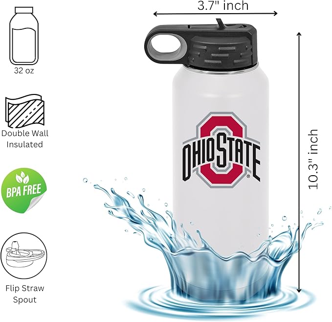 Ohio State University 32oz Stainless Steel Double Walled White Beverage Bottle with Flip Straw Spout - College Gear for Playoff Season – For Office, Home or Auto – Show your Buckeye Pride