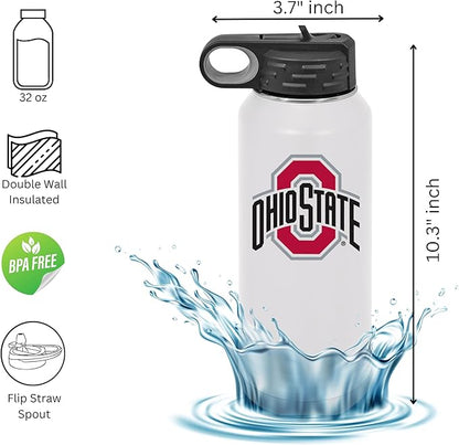 Ohio State University 32oz Stainless Steel Double Walled White Beverage Bottle with Flip Straw Spout - College Gear for Playoff Season – For Office, Home or Auto – Show your Buckeye Pride