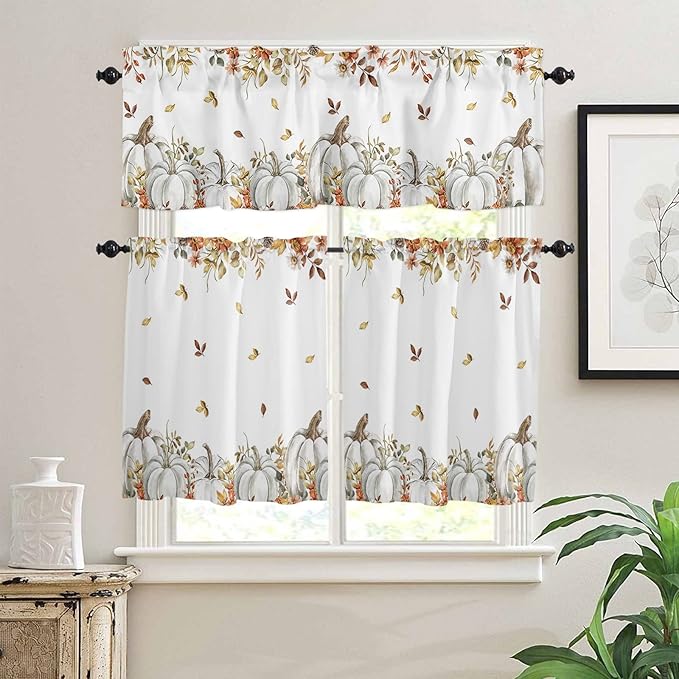 Vandarllin Fall Floral Leaves Kitchen Curtains and Valances Set, Thanksgiving Pumpkins Small Windows Treatments Tiers Half/Short Curtains for Cafe/Living Room/Bedroom 54x24 in-, Boho