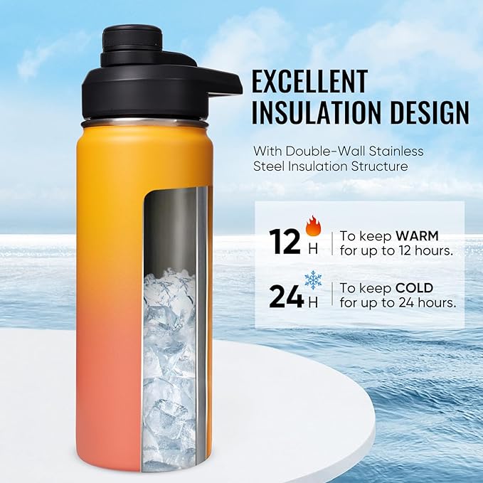 18oz Insulated Water Bottle with Handle, Stainless Steel Water Bottles with Wide Mouth, Double Wall Vacuum Sports Water Bottle, BPA Free, Keep Cold and Hot, Yellow&Orange