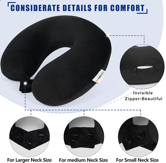 SAIREIDER Travel Pillow 100% Pure Memory Foam Travel Neck Pillow, Airplane Pillow for Traveling、Car、Home、Office，Washable Cover（Black）