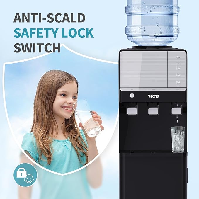 VECYS 3 in 1 Water Dispenser with Ice Maker, 27LBS Daily Ice Making and Hot Cold Water Supply, Child Safety Lock and Compatible with 3 or 5 Gallon Bottles, Ideal for Home and Office