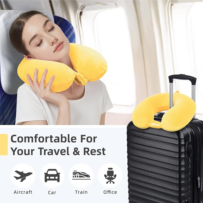 Travel Pillow, Neck Pillow Airplane Memory Foam with Sleep Mask Earplugs, Soft & Support Fleece Airplane Pillow for Travelling Plane Car Train Home Use, Yellow