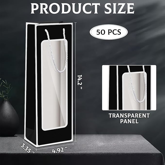 Yeaqee 50 Pcs Wine Gift Bags for Wine Bottles 4.92" x 3.35" x 14.2" Reusable Clear Window Wine Bottle Bags Bulk with Handles for Weddings, Birthday(Black, Elegant)