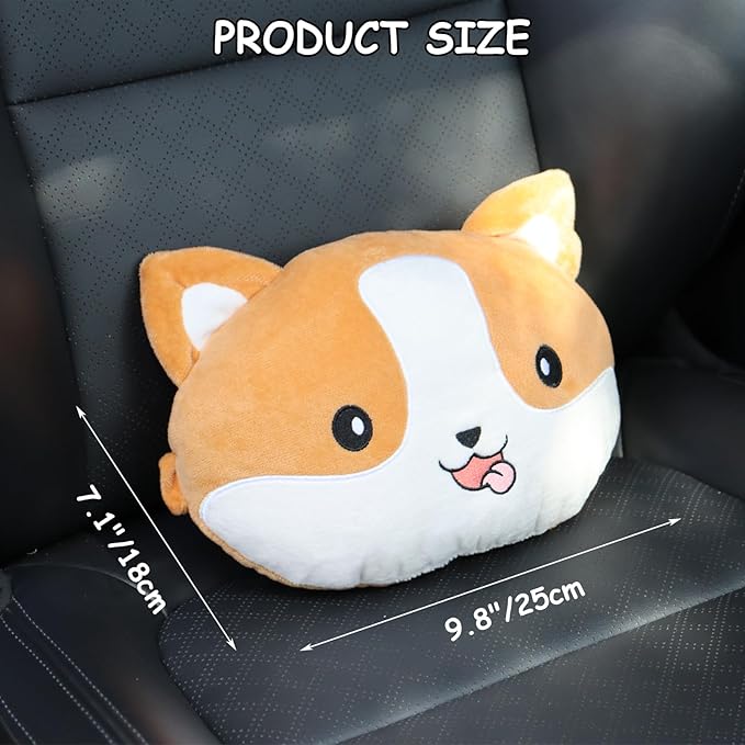 2 Pack Car Headrest Pillow, Cute Neck Pillow for Car Seat Comfortable Soft Head Neck Rest Cushion Seat Neck Support Cartoon Car Pillow for Driving, Travelling, Home Décor - Corgi